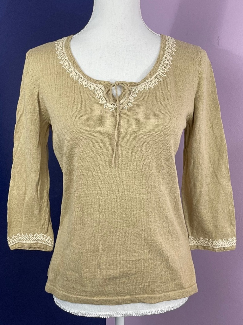 Linen Embroidered Peasant Top M Boho Taupe 3/4 Sleeve Knit Sweater Tie Neck